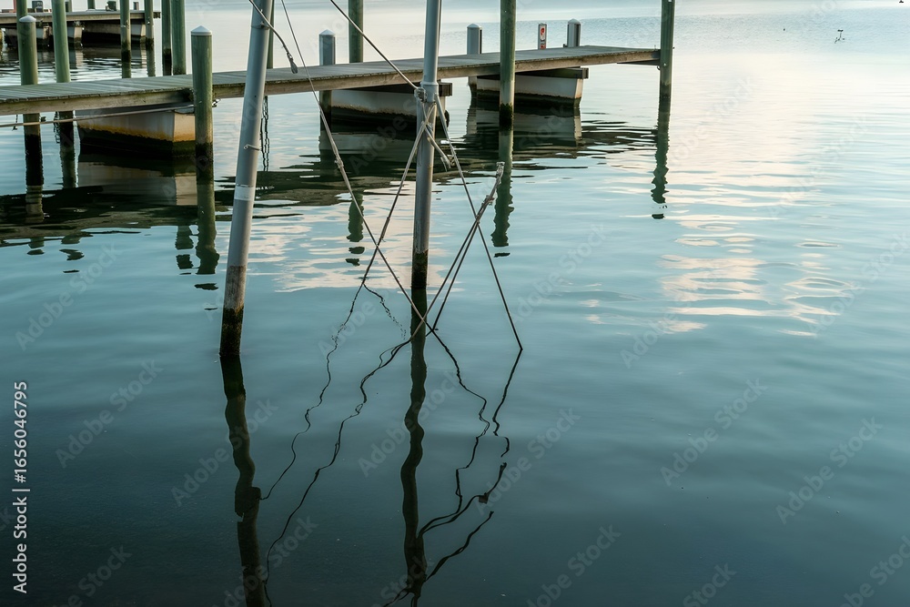 Fototapeta premium Dock reflections create tranquil art. The still water mirrors the structure, blending the physical and ethereal in a serene coastal scene.
