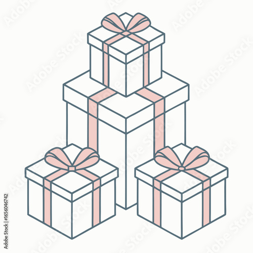 Stacked gift boxes with pink bows and blue outlines on white present pile