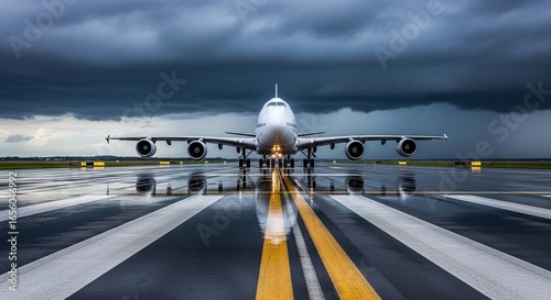 Boeing 747 Jumbo Jet on Runway with Dark Stormy Sky Preparing for Takeoff Aviation and Modern Transportation