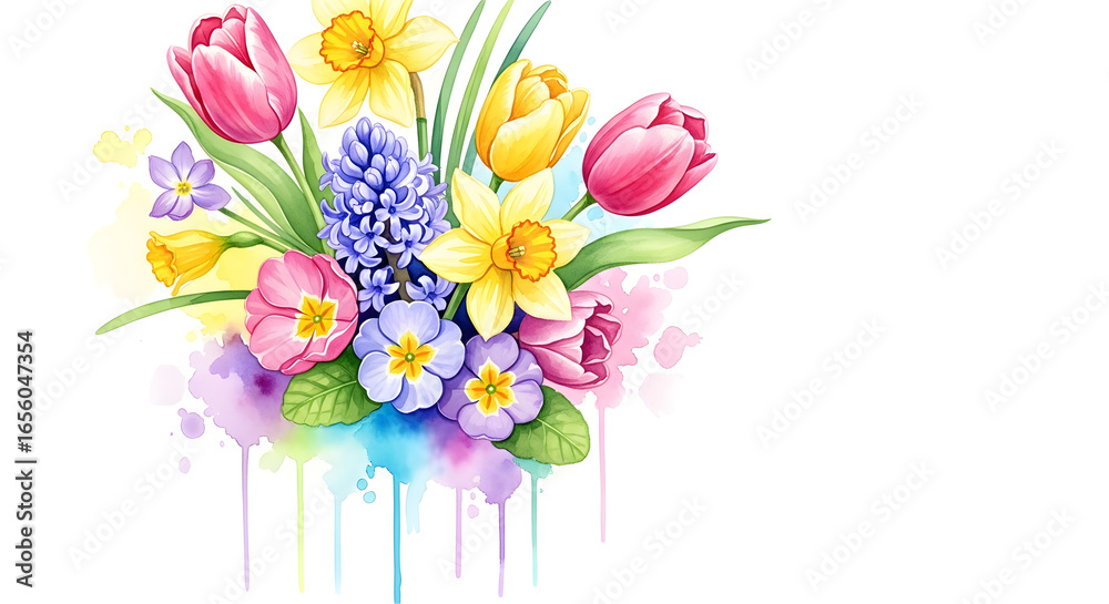 Obraz premium A vibrant watercolor illustration of a spring flower bouquet with colorful tulips, daffodils, and hyacinths on a white background