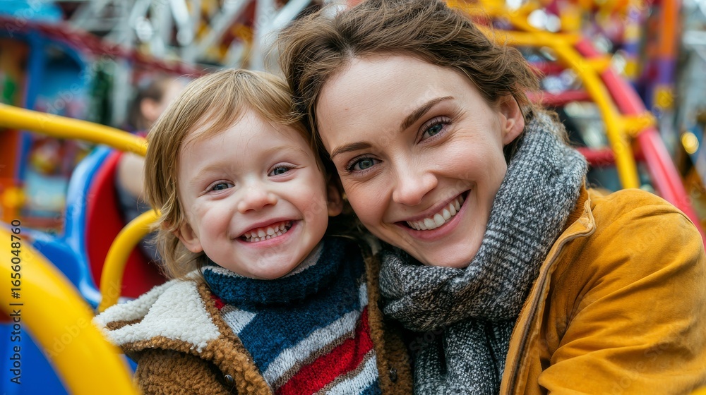 Obraz premium Mother and Child Smiling Portrait with Playground Backdrop