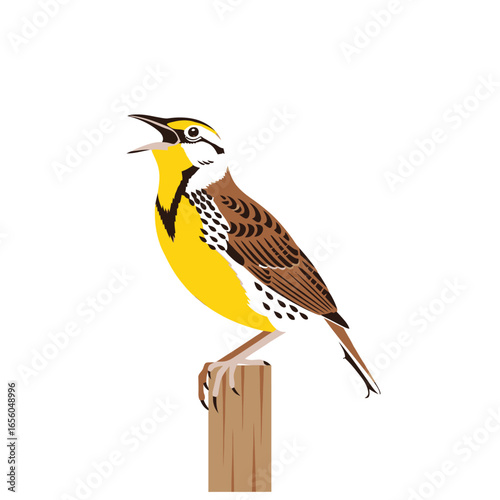 Illustration of a Western Meadowlark Perched on a Post, Cartoon depiction of a songbird on a wooden post against white