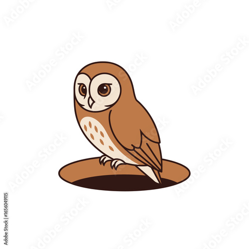 Cute cartoon owl perched on a burrow, illustration, adorable owl in a hole, lovely design for kids