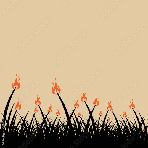Illustration of Fire Torches Rising from Tall Grass, Vector Drawing of Burning Grass and Torches in a Field