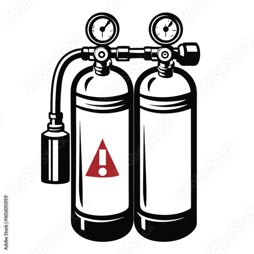 Scuba Diving Tank Cylinders with Red Warning, Pressure Gauges on White Background