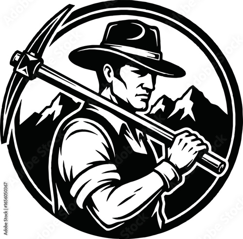 Monochrome illustration of a miner with a pickaxe in front of mountains within a circle.
