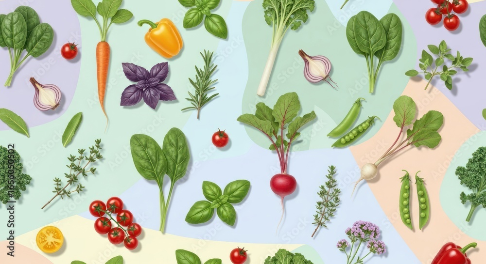 Fototapeta premium Vibrant Illustrated Medley of Fresh Vegetables and Herbs on a Pastel Geometric Backdrop