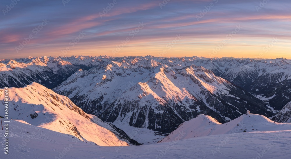 Naklejka premium Alpine Sunset Panorama: Golden Hour Illuminates Snow-Capped Peaks