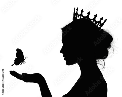 Silhouette of a Crowned Woman Gently Holding a Butterfly