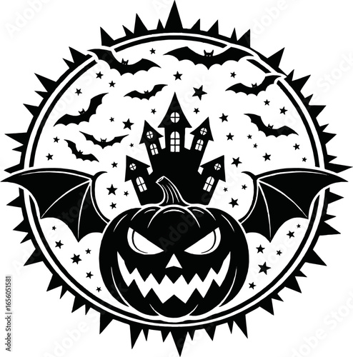 Halloween themed graphic design featuring a jack-o-lantern, bats, and a haunted castle, all within a circular frame.