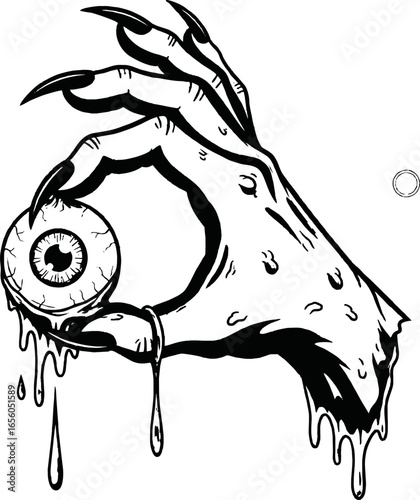Creepy monster hand holding an eyeball with dripping liquid, black and white illustration.