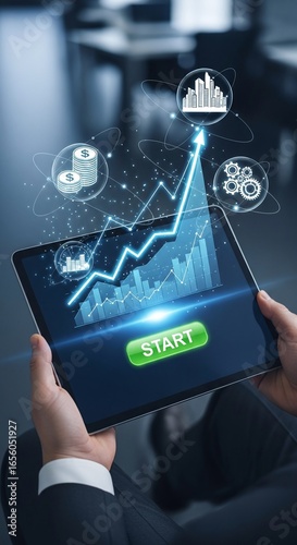 Man Holding Tablet Showing Stock Market Growth and Financial Success with Cityscape Gears and Currency Icons Visualizing Business Investment Strategy