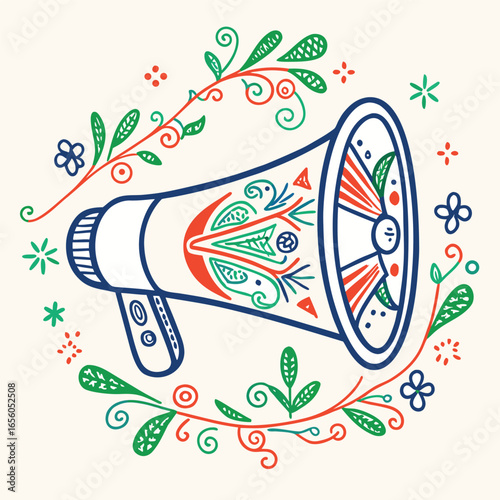 Vector art of decorated megaphone with floral elements