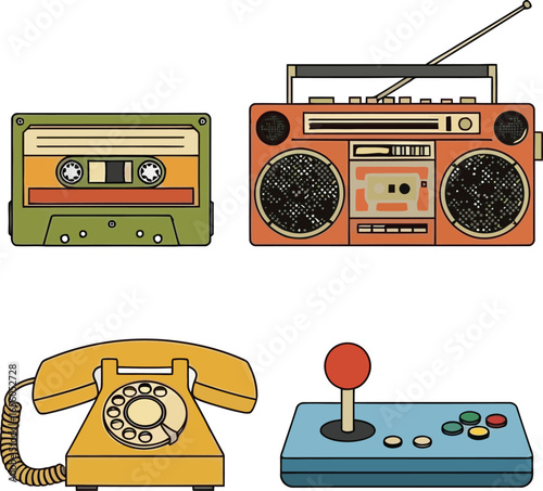 Retro audio and communication devices, including a cassette tape player, boombox, telephone, and game controller.