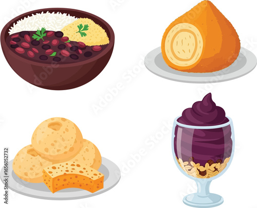 Four Brazilian food dishes, including feijoada, pamonha, coxinha, and brigadeiro, displayed on separate plates and glasses.