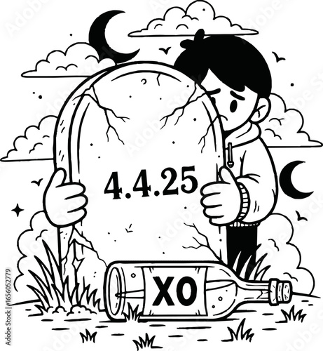 Cartoon depiction of a somber boy mourning at a tombstone with a date and a discarded XO bottle.
