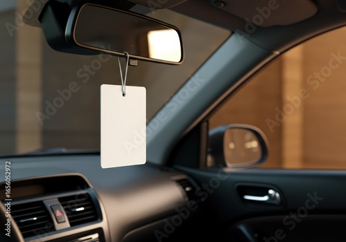 A blank car air freshener hangs in the interior, ready to be personalized with a unique design or fragrance