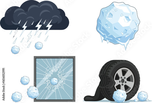 A cartoon illustration of winter weather damage, including a storm cloud, snowballs, broken glass, and a damaged tire.