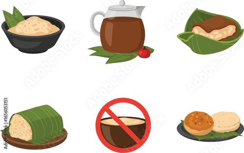 A collection of illustrated food items, including rice, tea, and wrapped delicacies, presented in a flat, graphic style.