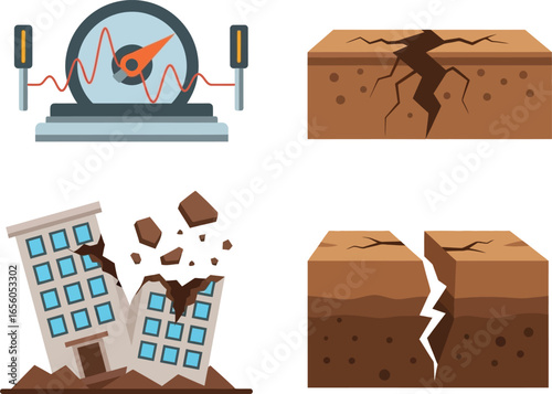 Earthquake damage depicted with seismograph, cracked earth, and collapsing building.