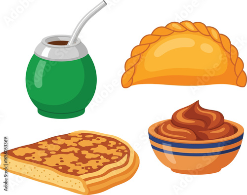 Argentine culinary delights: mate gourd, empanada, dulce de leche, and bread.