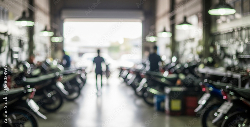 Obraz premium Row of motorcycles parked inside a garage with people walking in background, featuring metal tools, spare tires, and the atmosphere of an active repair shop.