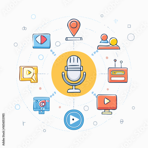 Vector icon set for social media content creation. Includes influencer marketing, podcast microphone, video camera, and chat bubble in clean modern outline style.