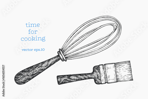 Hand Drawn Vintage Vector Illustration of Kitchen Whisk and Pastry Brush Utensils Not AI Generated