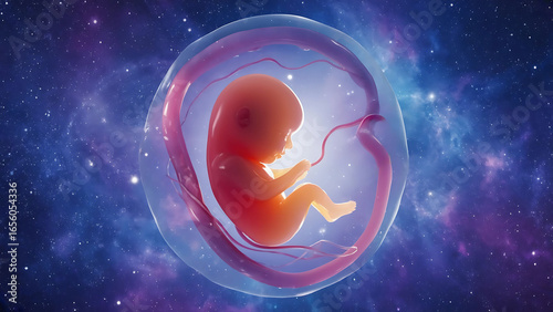 A fetus inside a womb, Human fetus floats peacefully with umbilical cord in amnion sac. Pregnancy, Prenatal growth, The beginning of human life concept