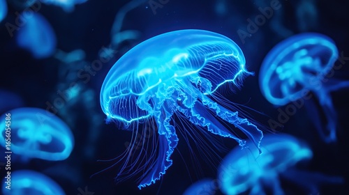 A mesmerizing underwater scene showcases a vibrant jellyfish glowing intensely against a dark blue background, surrounded by other jellyfish.