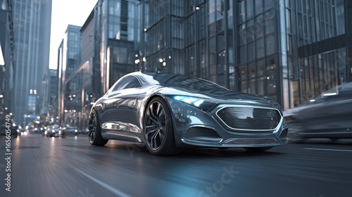 Modern Luxury Car Driving Through City Streets at Dusk