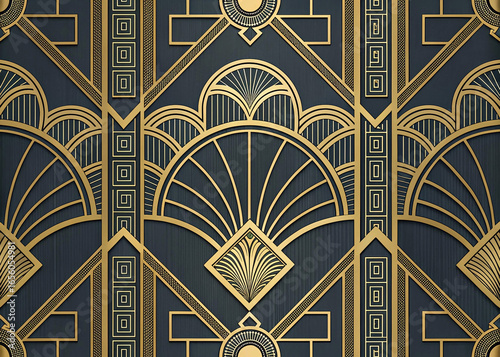 Geometric art deco wallpaper with embossed symmetrical patterns, gold accents. Intricate line design, luxurious vintage ornate style. Refined architecture, classic repeating seamless motif. Abstract