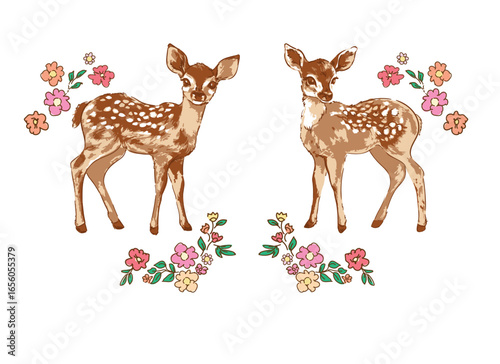 Cute Baby Deers with Flowers Hand Drawn Vector Illustration