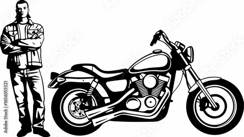 Man with crossed arms standing next to a motorcycle in black and white vector illustration style image silhouette