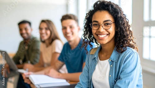 Group of students smiling in a classroom setting.