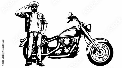 Man in captain's hat saluting next to a motorcycle with a headlight and detailed engine design silhouette