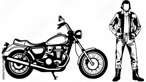 Illustration of a motorcycle with a rider standing beside it in black and white with a simple background silhouette