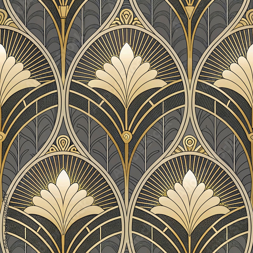 Geometric art deco wallpaper with embossed symmetrical patterns, gold accents. Intricate line design, luxurious vintage ornate style. Refined architecture, classic repeating seamless motif. Abstract