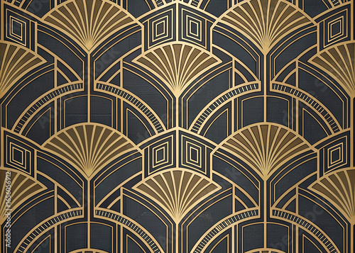 Geometric art deco wallpaper with embossed symmetrical patterns, gold accents. Intricate line design, luxurious vintage ornate style. Refined architecture, classic repeating seamless motif. Abstract