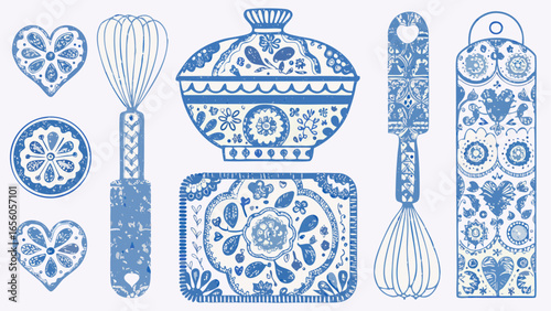 Blue patterned kitchen utensils including a whisk bowl spatula and decorative shapes on white background silhouette