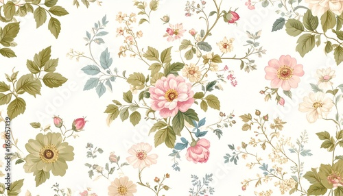 A floral wallpaper with pink flowers and green leaves background design layers style gesture scene composition emotion colorful cartoonish figure frame creative motion movement expression