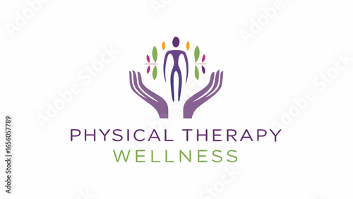 Illustration of a physical therapy and wellness logo with hands holding a human silhouette and leaves