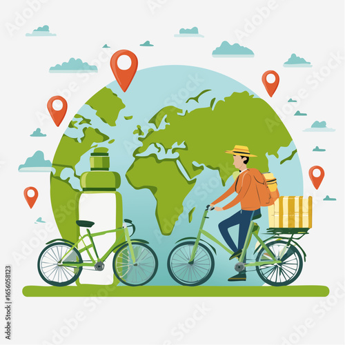 Eco-travel vector icon set with backpacker, bicycle, reusable bottle, and map. Minimal flat style perfect for sustainable travel, adventure, and tourism projects.