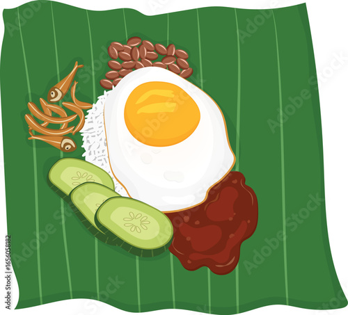 Nasi Lemak Meal Illustration on Banana Leaf with Fried Egg, Anchovies, and Sambal