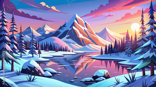 very beautiful Majestic Snow-Covered Mountain Landscape at Sunrise with Frozen Lake, Pristine Snowy Trees, and Vibrant Pink Sky Colors in Scenic Winter Wonderland Nature . 