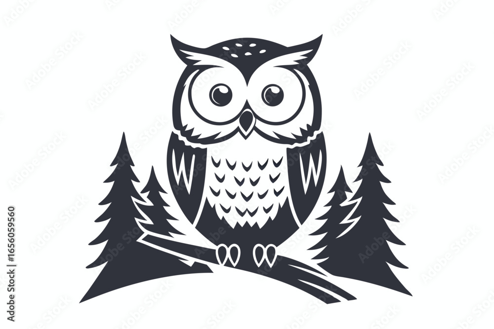 Fototapeta premium Owl Perched Branch with Pine Trees, Black Silhouette, Forest Design, White Background