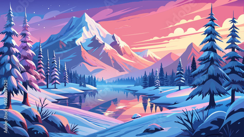 very beautiful Majestic Snow-Covered Mountain Landscape at Sunrise with Frozen Lake, Pristine Snowy Trees, and Vibrant Pink Sky Colors in Scenic Winter Wonderland Nature . 
