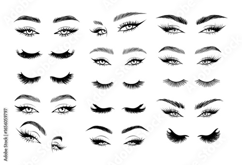 Glamorous eyelash and eyebrow vector set for makeup artists and beauty brands. Includes long lashes, smoky liner, and natural brow shapes.