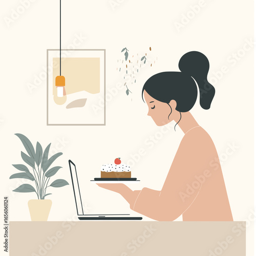 Young woman holding dessert while working on laptop at home  
