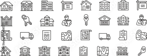 Real Estate Thin Line Icons Set. Property, Building, House, Apartment. Editable Stroke. Vector Illustration